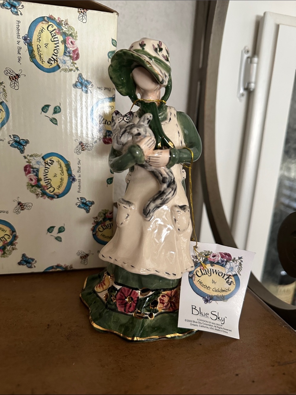 Blue Sky Green & Cream Girl Figurine Holding Cats